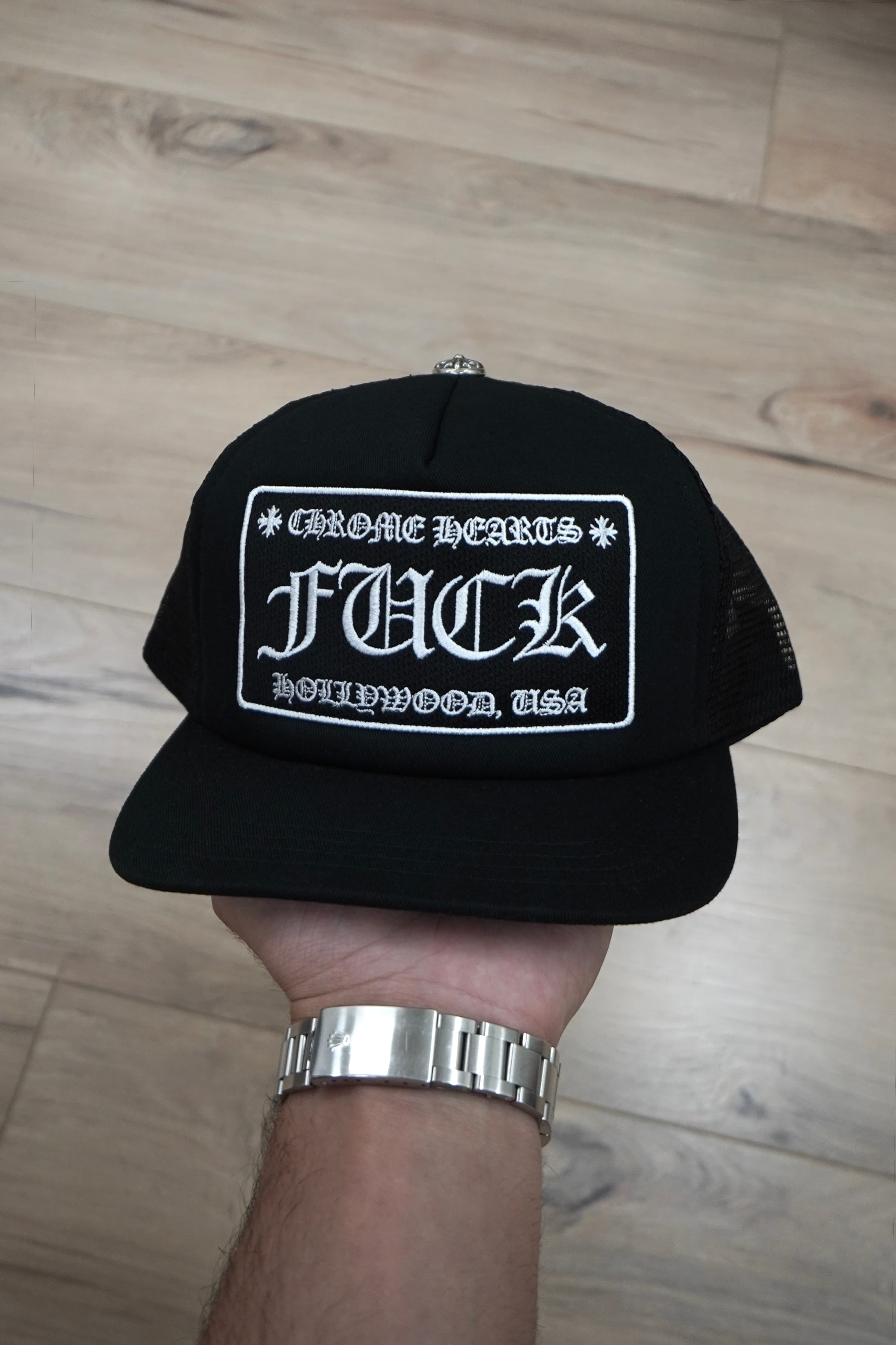 Chrome Hearts FUCK Hollywood Black Trucker Hat